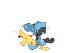 Rule 34 | :3, ban (ban62460424), commentary, creatures (company), english commentary, game freak, gen 1 pokemon, gen 4 pokemon, hat, leaning on person, nintendo, no humans, pikachu, pokemon, pokemon (creature), riolu, simple background, sleeping, white background