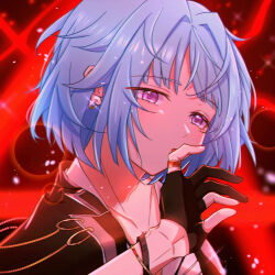Rule 34 | 1boy, androgynous, black gloves, black jacket, blue hair, blush, bracelet, earrings, ensemble stars!, gloves, gold earrings, highres, hoop earrings, jacket, jewelry, light blue hair, looking at viewer, male focus, parted lips, partially fingerless gloves, purple eyes, red background, ring, shino hajime, short hair, solo, yuuki madoka