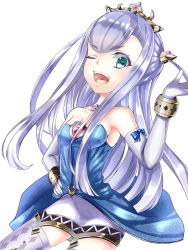 Rule 34 | 10s, 1girl, ;d, aqua eyes, bracelet, crown, dress, elbow gloves, gloves, hand on own hip, jewelry, long hair, looking at viewer, lots of jewelry, one eye closed, open mouth, outbreak company, petralka anne eldant iii, purple hair, ribbon, smile, solo, strapless, strapless dress, thighhighs, wink, you-ki, you-ki (youki free)