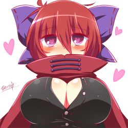Rule 34 | 1girl, bad id, bad pixiv id, blush, bow, breasts, cape, cleavage, covered mouth, hair bow, heart, heart-shaped pupils, covered mouth, kisaragi zwei, large breasts, red eyes, red hair, sekibanki, solo, symbol-shaped pupils, touhou