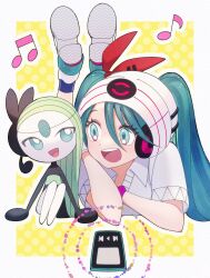 Rule 34 | 1girl, :d, beanie, border, collared shirt, commentary request, creatures (company), crossover, eyelashes, feet up, game freak, gen 5 pokemon, green eyes, green hair, hair between eyes, hat, hatsune miku, highres, kana (kanna runa0620), legendary pokemon, long hair, lying, meloetta, musical note, mythical pokemon, nintendo, on stomach, open mouth, pokemon, pokemon (creature), project voltage, psychic miku (project voltage), shirt, shoe soles, short sleeves, smile, teeth, tongue, twintails, upper teeth only, vocaloid, white border, white headwear, white shirt, yellow background