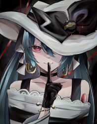 Rule 34 | 1girl, bare shoulders, beforecos, black bow, black choker, black gloves, bow, choker, creatures (company), dark green hair, dark miku (project voltage), earrings, game freak, gloves, hair between eyes, hat, hat bow, hatsune miku, highres, jewelry, long sleeves, looking at viewer, luxury ball, nintendo, one eye covered, poke ball, pokemon, portrait, project voltage, red eyes, smile, solo, twintails, vocaloid, white hat