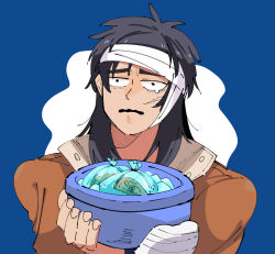Rule 34 | 1boy, bags under eyes, bandaged hand, bandaged head, bandages, black eyes, black hair, blue background, brown jacket, bucket, commentary request, crying, crying with eyes open, facial scar, holding, holding bucket, ice, ice cube, inudori, itou kaiji, jacket, kaiji, long hair, looking at viewer, male focus, medium bangs, open mouth, sad, scar, scar on cheek, scar on face, severed ear, severed finger, solo, tears, upper body