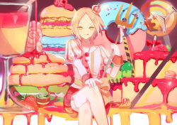 Rule 34 | 1boy, :p, alice in wonderland, axis powers hetalia, blonde hair, cake, candy, crossed legs, crown, doughnut, food, fruit, girly boy, green eyes, highres, lollipop, looking at viewer, macaron, male focus, mini crown, pancake, poland (hetalia), pudding, solo, strawberry, tongue, tongue out, yasato