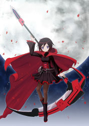 Rule 34 | 1girl, absurdres, boots, cape, full moon, guhua67, highres, moon, pantyhose, petals, purple eyes, red hair, rose petals, ruby rose, rwby, scythe, serious, short hair, skirt, sky, smile, solo, star (sky), star (symbol), weapon