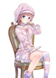 Rule 34 | 1girl, atelier (series), atelier rorona, blue eyes, brushing teeth, center frills, chair, cheek bulge, commentary request, detached collar, frills, hat, holding, kishida mel, looking at viewer, nightcap, official art, pajamas, pink hair, pom pom (clothes), puffy shorts, rororina fryxell, short hair, shorts, sitting, socks, solo, striped clothes, striped legwear, striped socks, toothbrush, toothpaste, transparent background, wrist cuffs