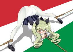 Rule 34 | 1girl, anchovy (girls und panzer), ass, curvy, drawn and quartering, flexible, full body, girls und panzer, green hair, hair ribbon, huge ass, inoue yoshihisa, italian flag, jack-o&#039; challenge, long hair, meme, panties, panties under pantyhose, pantyhose, pleated skirt, ribbon, skirt, solo, spread legs, stretching, top-down bottom-up, twintails, underwear, very long hair, white panties