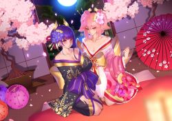 Rule 34 | 2girls, alternate hairstyle, blunt bangs, breasts, cherry blossoms, cleavage, closed mouth, collarbone, flower, full moon, genkung, genshin impact, hair flower, hair ornament, highres, japanese clothes, kimono, large breasts, looking at viewer, medium breasts, moon, multiple girls, night, night sky, obi, oil-paper umbrella, petals, pink hair, pink kimono, purple eyes, purple hair, purple kimono, raiden shogun, sash, short hair, sitting, sky, smile, umbrella, wariza, yae miko