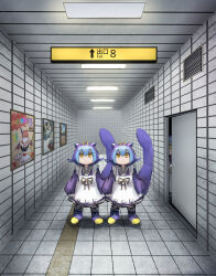Rule 34 | 4girls, absurdres, apron, blue hair, ceiling light, clone, door, dragon girl, dragon horns, dragon tail, dress, duel monster, empty eyes, exit sign, full body, hatano kiyoshi, highres, horns, laundry dragonmaid, long sleeves, maid, maid apron, multicolored hair, multiple girls, peeking out, purple hair, revision, short hair, staring, tactile paving, tail, the exit 8, tile floor, tile wall, tiles, yellow eyes, yu-gi-oh!