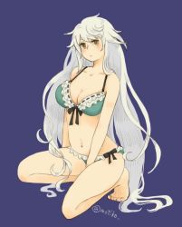Rule 34 | 10s, 1girl, alternate costume, alternate hairstyle, bad id, bad twitter id, bare legs, bare shoulders, bikini, blue background, breasts, cleavage, female focus, frilled bikini, frills, green bikini, hair down, jitome, kantai collection, large breasts, long hair, looking at viewer, navel, sachilko (motiko), side-tie bikini bottom, silver hair, simple background, sitting, solo, stomach, swimsuit, unryuu (kancolle), very long hair, yellow eyes
