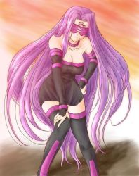 Rule 34 | 00s, 1girl, bare shoulders, blindfold, breasts, cleavage, collar, detached sleeves, dress, fate/stay night, fate (series), long hair, medusa (fate), medusa (rider) (fate), non-web source, solo, strapless, strapless dress, thighhighs, very long hair, zettai ryouiki