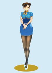 Rule 34 | 1girl, absurdres, adapted costume, black pantyhose, blue skirt, bracelet, breasts, brown eyes, brown hair, capcom, china dress, chinese clothes, chun-li, commentary request, double bun, dress, flight attendant, full body, hair bun, hair ribbon, hara kenshi, high heels, highres, jewelry, legs, long legs, medium breasts, own hands clasped, own hands together, pantyhose, pencil skirt, ribbon, short hair, skirt, solo, standing, street fighter, street fighter ii (series), travel attendant, v arms, white footwear