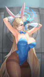 Rule 34 | 1girl, absurdres, animal ears, armpits, asuna (blue archive), asuna (bunny) (blue archive), black pantyhose, blue archive, blue bow, blue eyes, blue halo, blue leotard, blue ribbon, blush, bow, breasts, cleavage, covered navel, cowboy shot, detached collar, eyes visible through hair, fake animal ears, gloves, grin, hair over one eye, hair ribbon, halo, highres, large breasts, leotard, light brown hair, long hair, looking at viewer, official alternate costume, pantyhose, rabbit ears, ribbon, roro (tpghksdlzpq), smile, solo, strapless, strapless leotard, white gloves