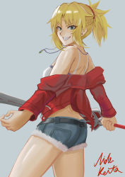Rule 34 | 1girl, ass, blonde hair, braid, breasts, commentary request, denim, denim shorts, fang, fate/grand order, fate (series), from behind, fur trim, green eyes, grey background, grin, hair ornament, hair scrunchie, highres, holding, holding sword, holding weapon, jacket, jewelry, long hair, long sleeves, looking at viewer, mordred (fate), mordred (fate/apocrypha), mordred (memories at trifas) (fate), necklace, nida keita, off-shoulder jacket, off shoulder, ponytail, red jacket, red scrunchie, scrunchie, shorts, simple background, smile, solo, sword, weapon
