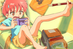 Rule 34 | 1boy, backpack, bag, barefoot, blue shirt, brown eyes, child, couch, feet, flute, handheld game console, highres, holding with feet, instrument, lying, male focus, on couch, open mouth, original, pafica, pink hair, playing games, raised eyebrow, recorder, shirt, short hair, shorts, signature, solo, sweatdrop, t-shirt, toes, yellow shorts