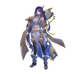 Rule 34 | 1girl, absurdres, akka, altina (fire emblem), altina (unrivaled dawn) (fire emblem), axe, bare shoulders, breasts, clothing cutout, dual wielding, earrings, fire emblem, fire emblem: radiant dawn, fire emblem heroes, full body, hair tie, highres, holding, holding axe, jewelry, large breasts, long hair, looking at viewer, navel, navel cutout, nintendo, official alternate costume, official art, pelvic curtain, purple eyes, purple hair, smile, solo, tachi-e, very long hair