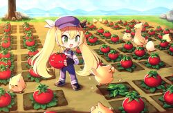 Rule 34 | 1girl, :d, alternate costume, blonde hair, blue hat, blue overalls, chibi, day, dokibird (vtuber), dragoon (dokibird), farm, grass, green eyes, hat, indie virtual youtuber, long hair, melon-fox, mountainous horizon, open mouth, outdoors, overalls, shoes, smile, standing, tomato, tree, twintails, very long hair, virtual youtuber, wide shot