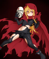 Rule 34 | 1girl, black background, blonde hair, bodysuit, breasts, cameltoe, cape, character request, copyright request, evileye (overlord), female focus, funnyari, hair between eyes, holding, holding mask, hood, hooded cape, looking at viewer, mask, unworn mask, overlord (maruyama), parted lips, red cape, red eyes, simple background, small breasts, solo, torn cape, torn clothes