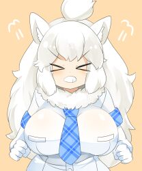 Rule 34 | &gt; &lt;, 1girl, ahoge, animal ears, blue necktie, blush, breasts, buttons, clenched hands, clenched teeth, closed eyes, commentary request, fur collar, highres, kemono friends, kemono friends 3, large breasts, lets0020, lion ears, lion girl, lion tail, long hair, medium bangs, necktie, orange background, plaid necktie, puff of air, shirt, simple background, solo, tail, teeth, upper body, v-shaped eyebrows, white hair, white lion (kemono friends), white shirt