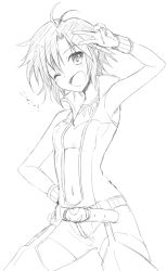 Rule 34 | 1girl, ;d, akina tsukako, arm up, armpits, belt, greyscale, hand on own hip, hip focus, idolmaster, idolmaster (classic), jewelry, kikuchi makoto, monochrome, navel, necklace, one eye closed, open mouth, short hair, sketch, smile, solo, thighhighs, v, wink