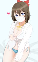 Rule 34 | 1girl, absurdres, aqua eyes, aqua panties, artist name, artist request, bare legs, blue eyes, blush, bow, bowtie, breasts, brown hair, buttons, cleavage, clothes pull, collarbone, covering own mouth, female focus, hair between eyes, hair bow, half updo, hand on own leg, heart, high ponytail, highres, long hair, long sleeves, looking at viewer, love live!, love live! nijigasaki high school idol club, mask, medium breasts, neck ribbon, osaka shizuku, panties, parted lips, ponytail, red bow, ribbon, shirt, shirt pull, side-tie panties, sleeves past wrists, smile, solo, unbuttoned, unbuttoned shirt, underwear, underwear only, white shirt, worried, yellow bow