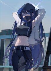 Rule 34 | 1girl, absurdres, armpits, arms behind head, baseball cap, belt, black belt, black hair, black hat, black mask, black pants, black shirt, blue archive, blue eyes, breasts, buckle, chest harness, coat, commentary, crop top, hair flowing over, halo, harness, hat, highres, holster, knife sheath, long hair, mask, medium breasts, midriff, mouth mask, navel, pants, saori (blue archive), sheath, shirt, sleeveless, sleeveless shirt, snap-fit buckle, standing, thigh holster, tight clothes, tight pants, ugwa, very long hair, white coat