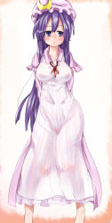 Rule 34 | 1girl, :&lt;, bad id, bad pixiv id, breasts, dress, female focus, gradient background, hat, highres, hip focus, large breasts, long hair, patchouli knowledge, purple hair, ribbon, ryouma (galley), solo, touhou, white background, wide hips