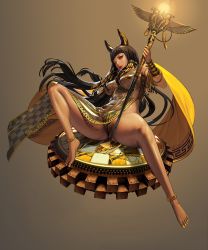 Rule 34 | absurdres, animal ears, ankh, black hair, blunt bangs, breasts, cleopatra (destiny child), dark-skinned female, dark skin, destiny child, egyptian, egyptian clothes, eyelashes, full body, gold trim, highres, hyulla, jackal ears, jewelry, large breasts, long hair, nail polish, pasties, realistic, see-through, sitting, solo, spread legs, staff, third-party source, toenail polish, toenails, very long hair
