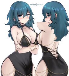Rule 34 | 1girl, absurdres, bare arms, bare shoulders, black choker, black dress, blue eyes, blue hair, breasts, byleth (female) (fire emblem), byleth (fire emblem), chascoby, choker, cleavage, commentary, crossed arms, dress, fire emblem, fire emblem: three houses, highres, large breasts, long hair, looking at viewer, meme attire, modakawa dress, multiple views, nintendo, parted lips, simple background, sleeveless, sleeveless dress, upper body, white background