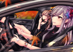 Rule 34 | :d, alternate costume, autumn leaves, azur lane, bad id, bad pixiv id, black footwear, black jacket, black shirt, black skirt, breasts, butterfly hair ornament, car, casual, chin gero, choker, cigarette, collarbone, driving, dunkerque (azur lane), earrings, glint, grey hair, hair between eyes, hair ornament, interior, jacket, jean bart (azur lane), jewelry, large breasts, long hair, looking at viewer, medium breasts, mercedes-benz, motor vehicle, nail polish, necklace, open mouth, ornate ring, pink eyes, pink nails, ponytail, red eyes, ring, shirt, shoes, sidelocks, skirt, smile, smoking, turtleneck, watch, wedding ring, wristwatch