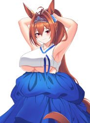 Rule 34 | 1girl, absurdres, adjusting hair, alternate costume, animal ears, antennae, armpits, arms up, bails, blush, bow, breasts, closed mouth, commentary request, cropped shirt, daiwa scarlet (umamusume), fang, hair between eyes, hair bow, hair intakes, hanbok, highres, horse ears, horse girl, horse tail, korean clothes, large breasts, long hair, looking at viewer, ponytail, red eyes, red hair, shirt, simple background, skin fang, smile, solo, tail, tiara, umamusume, underboob, very long hair, white background, white shirt