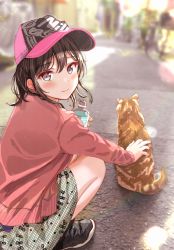Rule 34 | 1girl, baseball cap, black footwear, black hair, blurry, blurry background, blush, bottle, cat, dress, fushimi asuha, hat, highres, holding, holding bottle, leaf print, long sleeves, looking at viewer, original, outdoors, petting, pink sweater, purple eyes, shoes, short hair, smile, sneakers, solo, squatting, sweater, two-tone headwear, water bottle, white dress