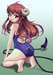 Rule 34 | 1girl, :o, ahoge, aqua background, backless swimsuit, bare arms, bare legs, bare shoulders, barefoot, blue one-piece swimsuit, blush, brown eyes, brown hair, clothing cutout, competition school swimsuit, demon girl, demon horns, demon tail, fang, flying sweatdrops, from behind, full body, gradient background, hand on own thigh, horns, kneeling, long hair, looking at viewer, looking back, machikado mazoku, one-piece swimsuit, open mouth, rohitsuka, school swimsuit, skin fang, solo, swimsuit, tail, tail through clothes, tareme, very long hair, yoshida yuuko (machikado mazoku)