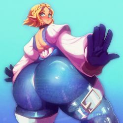 Rule 34 | 1girl, alternate hairstyle, ass, blonde hair, blue background, blush, cosplay, garnet til alexandros xvii (cosplay), green eyes, highres, huge ass, looking back, nintendo, pointy ears, princess zelda, riendonut, the legend of zelda, the legend of zelda: breath of the wild, thick eyebrows, thick thighs, thighs