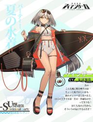 Rule 34 | 1girl, :o, bare shoulders, bikini, breasts, copyright name, full body, glasses, grey hair, highres, holding, holding surfboard, iron saga, leg band, legs, logo, long hair, nail polish, norizc, official alternate costume, official art, one-piece swimsuit, orange eyes, sandals, second-party source, small breasts, solo, summer, sunglasses, sunglasses on head, surfboard, surfboard leash, swimsuit, thigh bands, toenail polish, toenails, toes, turtleneck, turtleneck one-piece swimsuit, twintails, very long hair, windsor (iron saga), yellow eyes, zipper