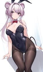 Rule 34 | 1girl, absurdres, alternate costume, animal ears, arknights, bare arms, bare shoulders, black leotard, breasts, brown pantyhose, covered navel, fake animal ears, highres, leotard, lin (arknights), long hair, looking at viewer, medium breasts, mouse ears, pantyhose, playboy bunny, purple eyes, purple hair, rabbit ears, solo, strapless, strapless leotard, thighs, very long hair, yki