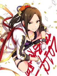 Rule 34 | 1girl, 2019, banchou, black footwear, bousouzoku, bracelet, breasts, brown hair, chain, cleavage, confetti, delinquent, earrings, flower, flower earrings, from above, gloves, gold chain, green eyes, hair flower, hair ornament, happy new year, highres, idolmaster, idolmaster cinderella girls, jacket, jewelry, leg strap, long hair, looking at viewer, looking up, medium breasts, miniskirt, mismatched earrings, mukai takumi, new year, on floor, ponytail, skirt, sleeves rolled up, smile, smirk, solo, squatting, thigh strap, white background, white gloves, white jacket, wristband, yomi (jetme07)