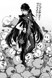 Rule 34 | 1girl, bayonetta, bayonetta (series), bayonetta 2, blush stickers, check translation, commentary, crossover, earrings, closed eyes, glasses, gloves, greyscale, halftone, hands on own hips, heart, jewelry, kirby, kirby (series), mole, mole under mouth, monochrome, nintendo, ouya (maboroshimori), short hair, sparkling eyes, translation request, twitter username, waddle dee