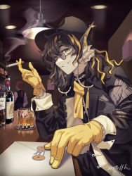 Rule 34 | 1boy, alcohol, arknights, bar (place), bishounen, black hat, brown eyes, brown hair, cigarette, envelope, furry, furry male, glass, glasses, gloves, hat, highres, holding, holding cigarette, indoors, lamp, lee (arknights), male focus, memetaroh, sitting, smile, smoking, solo, table, upper body, whiskey, wine, yellow gloves