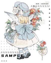 Rule 34 | 1girl, angel wings, artist name, back bow, black footwear, blonde hair, blue bow, blue hat, blue pantyhose, bouquet, bow, bowtie, child, collar, dated, dress, feathered wings, flower, flower request, footwear bow, frilled collar, frills, from behind, full body, hat, hat bow, holding, holding bouquet, leaf, long sleeves, maobing maobing, mary janes, medium dress, medium hair, original, pantyhose, petticoat, puffy long sleeves, puffy sleeves, red flower, sample watermark, shoes, solo, stamp mark, straight hair, striped clothes, striped pantyhose, two-tone pantyhose, watermark, white background, white bow, white collar, white dress, white pantyhose, white wings, wings, yellow bow, yellow bowtie
