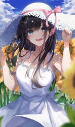 Rule 34 | 1girl, absurdres, adjusting clothes, adjusting headwear, bare shoulders, black hair, blue eyes, blue sky, blush, breasts, cleavage, cloud, collarbone, dappled sunlight, dress, field, flower, flower field, gongha, hands up, hat, highres, long hair, looking at viewer, nail polish, original, outdoors, parted lips, pink ribbon, plant, ribbon, sky, sleeveless, sleeveless dress, smile, solo, standing, sun hat, sunflower, sunflower field, sunlight, white dress, white hat, yellow flower