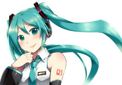 Rule 34 | 1girl, absurdres, caffein, detached sleeves, green eyes, green hair, hatsune miku, hatsune miku (vocaloid3), headset, highres, long hair, looking at viewer, matching hair/eyes, necktie, smile, solo, twintails, vocaloid, white background