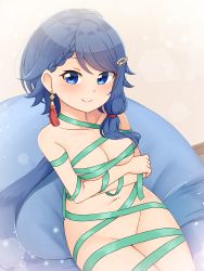 Rule 34 | 1girl, absurdres, arms under breasts, bean bag chair, blue eyes, blue hair, braid, breasts, commentary request, earrings, hair ornament, hairclip, highres, indie virtual youtuber, jewelry, long hair, looking at viewer, low ponytail, medium breasts, naked ribbon, navel, nude, ribbon, shiraha maru, single sidelock, sitting, smile, solo, tassel, tassel earrings, very long hair, virtual youtuber