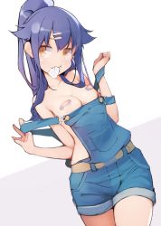 Rule 34 | 10s, 1girl, ataruman, bandaid, bandaids on nipples, belt, breasts, commentary request, hair ornament, hairclip, highres, hinako note, long hair, medium breasts, mouth hold, naked overalls, natsukawa kuina, overalls, pasties, ponytail, purple hair, simple background, solo, suspenders, undressing, yellow eyes