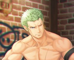Rule 34 | 1boy, ayukisa, bandana, bara, biceps, blurry, blurry background, collarbone, cropped, frown, green hair, long sideburns, looking to the side, male focus, muscular, muscular male, nude, one piece, pectorals, roronoa zoro, scar, scar across eye, short hair, sideburns, solo, stitches, upper body