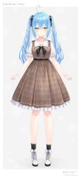 Rule 34 | 1girl, absurdres, ahoge, black bow, black socks, blue hair, blush, bow, bracelet, breasts, brown dress, character name, closed mouth, commentary request, copyright name, dress, frilled dress, frills, full body, hair between eyes, hair bow, half updo, heart, heart ahoge, highres, hololive, jewelry, long hair, looking at viewer, official alternate costume, open clothes, piercing, plaid, plaid dress, pleated dress, pointy ears, rin yuu, shoes, short sleeves, sidelocks, socks, solo, standing, twintails, very long hair, virtual youtuber, white footwear, yellow eyes, yukihana lamy, yukihana lamy (casual)