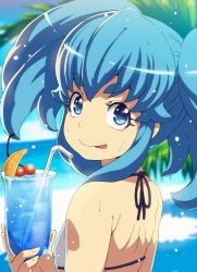 Rule 34 | 1girl, :p, bad id, bad twitter id, bikini, blue eyes, blue hair, blue sky, cherry, closed mouth, cup, cure princess, day, drinking glass, drinking straw, food, from side, fruit, happinesscharge precure!, holding, holding cup, looking at viewer, looking back, outdoors, precure, shirayuki hime, sky, smile, solo, sweat, swimsuit, tasaka shinnosuke, tongue, tongue out, twintails, white bikini