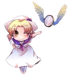 Rule 34 | 1girl, angel wings, blonde hair, bowing, hat, louise (touhou), mad-tuna, mirror, muutzi, neckerchief, solo, touhou, touhou (pc-98), white hat, wings, yellow eyes