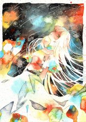 Rule 34 | 1girl, arms behind back, black background, dress, green eyes, long hair, looking at viewer, original, painting (medium), potato (popopopopo623), sky, solo, star (sky), starry sky, traditional media, watercolor (medium), white hair