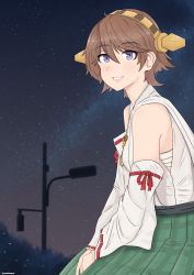 Rule 34 | 1girl, absurdres, bananamaru, breasts, brown hair, detached sleeves, flipped hair, green skirt, hairband, headgear, hiei (kancolle), highres, japanese clothes, kantai collection, medium breasts, night, night sky, nontraditional miko, outdoors, purple eyes, ribbon-trimmed sleeves, ribbon trim, sarashi, short hair, skirt, sky, smile, solo, star (sky), starry sky
